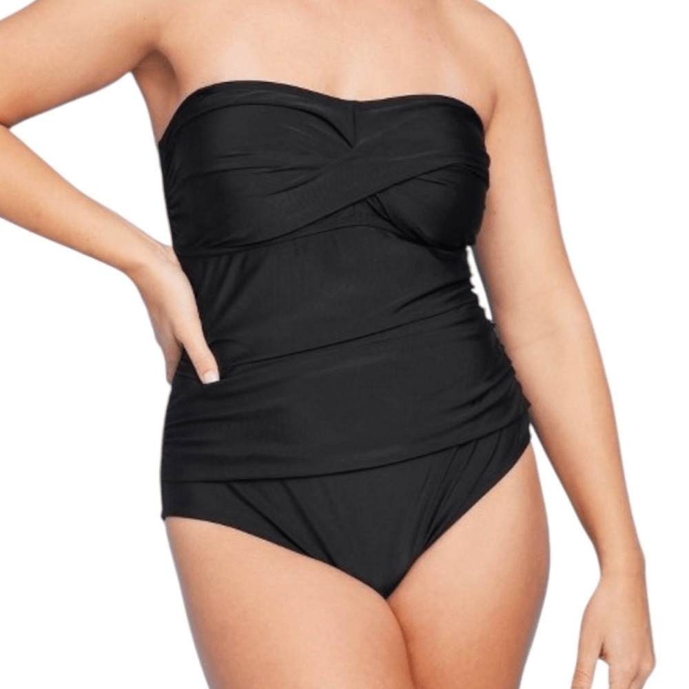 NWOT Kona Sol Black Strapless Ruched Slimming One-Piece Swimsuit lace up back